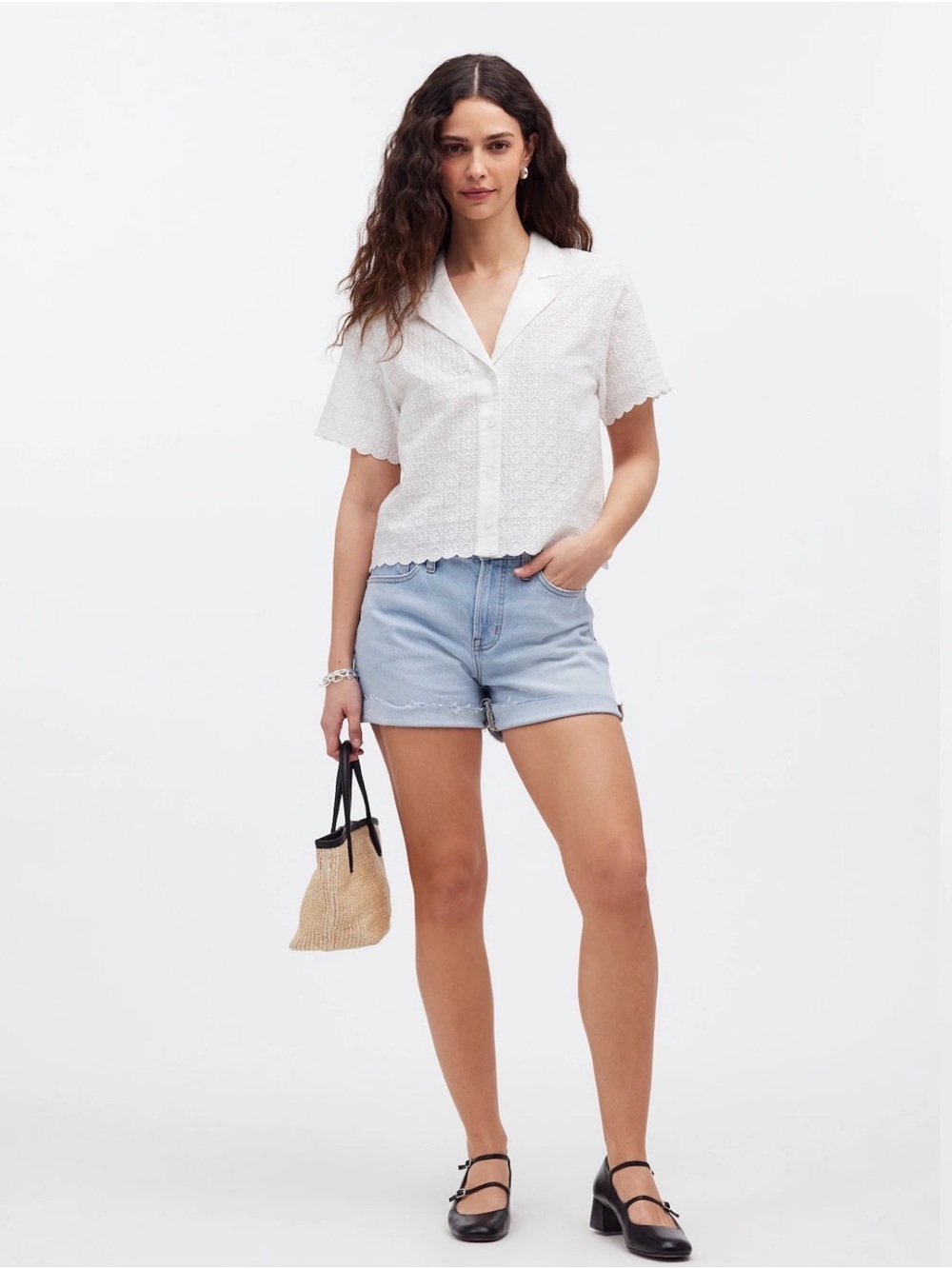 Madewell White Embroidered Semi Sheer Resort Camp Shirt XS Cotton Scalloped